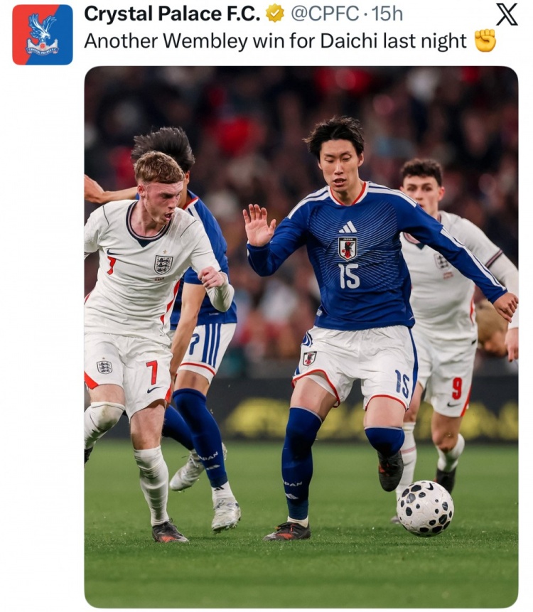 开云体育入口-水晶宫官推晒镰田大地比赛照：昨晚大地再一次在温布利取得胜利